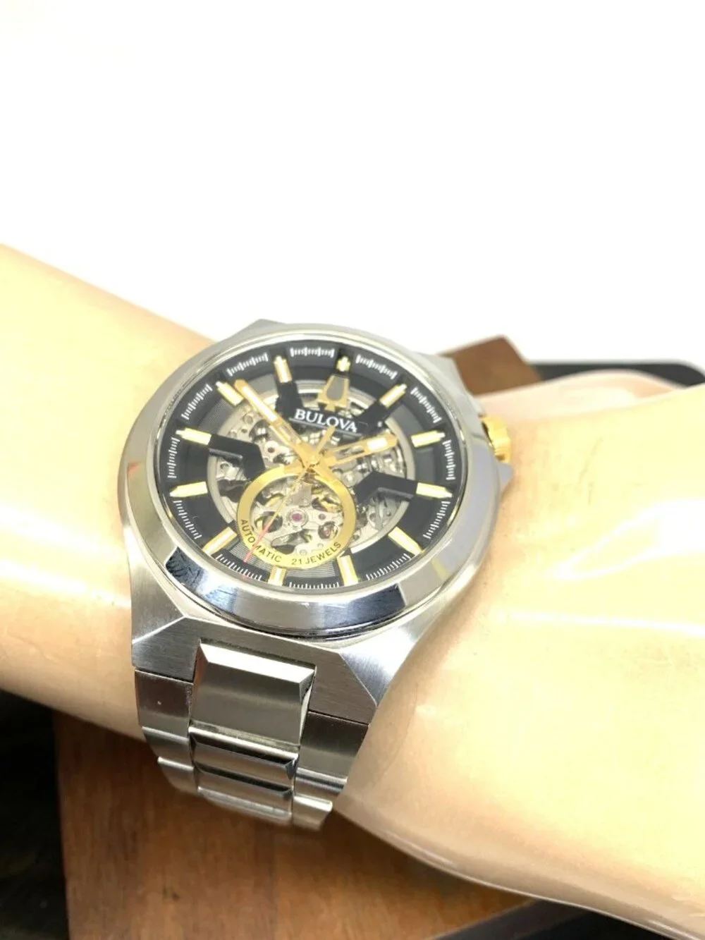 Bulova Maquina Mens Watch 98A224 Automatic Black Skeleton Dial Silver Steel 46mm